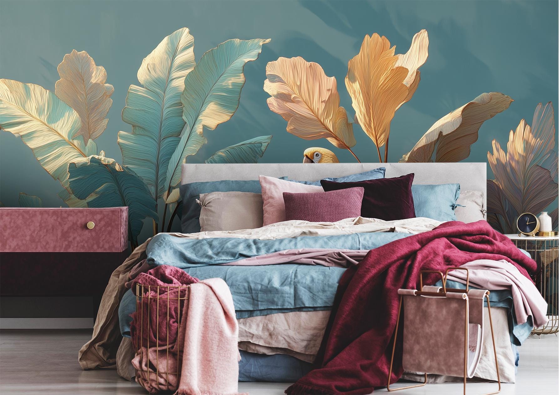 Tropical Parrot Oversized Banana Floral Wallpaper – scale reference, Golden Era Walls