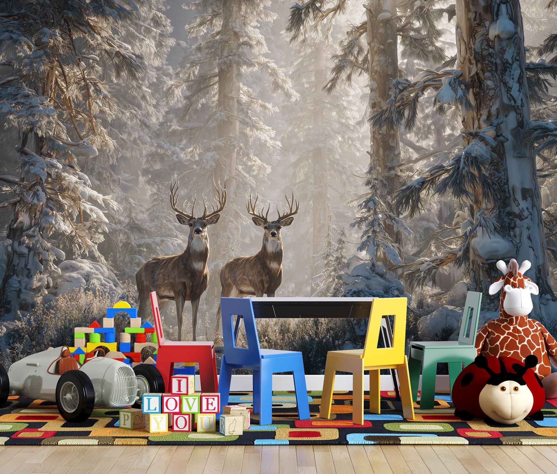 Winter Deer Forest Woodland Coastal Wallpaper – scale reference, Golden Era Walls