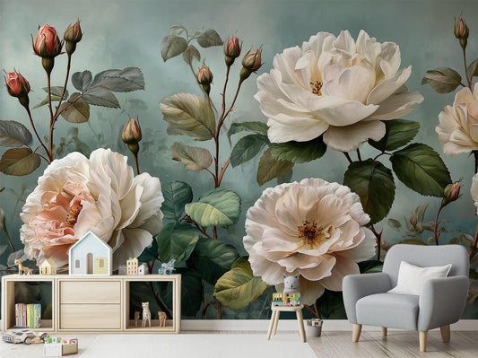 White Rose Romantic Garden Floral Wallpaper – detail view, Golden Era Walls