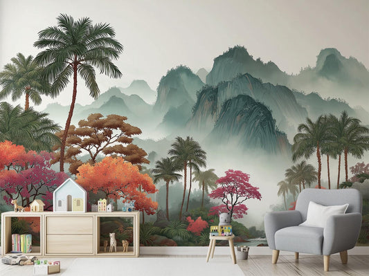 Watercolor Woodland Pine Tree Wallpaper – room setting, Golden Era Walls