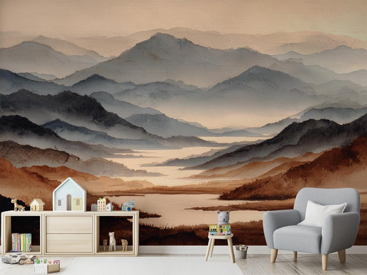 Watercolor Mountain Minimal Landscape Wallpaper – room setting, Golden Era Walls