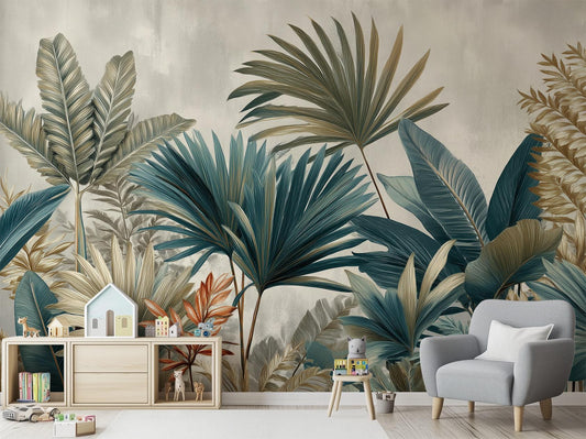 Vintage Botanical Moody Tropical Floral Wallpaper – peel and stick wallpaper mural, Golden Era Walls
