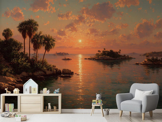 Tropical Sunset Ocean Beach Tropical Wallpaper – peel and stick wallpaper mural, Golden Era Walls