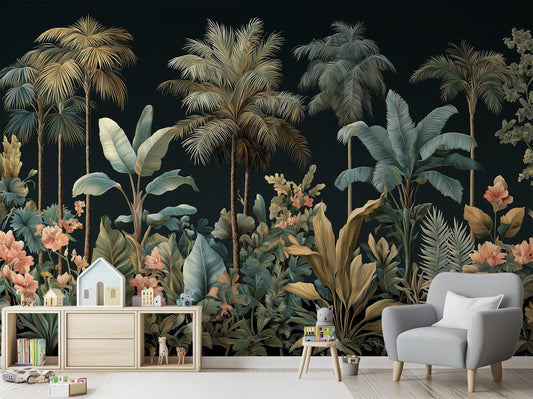 Tropical Rainforest Lush Banana Floral Wallpaper – room setting, Golden Era Walls