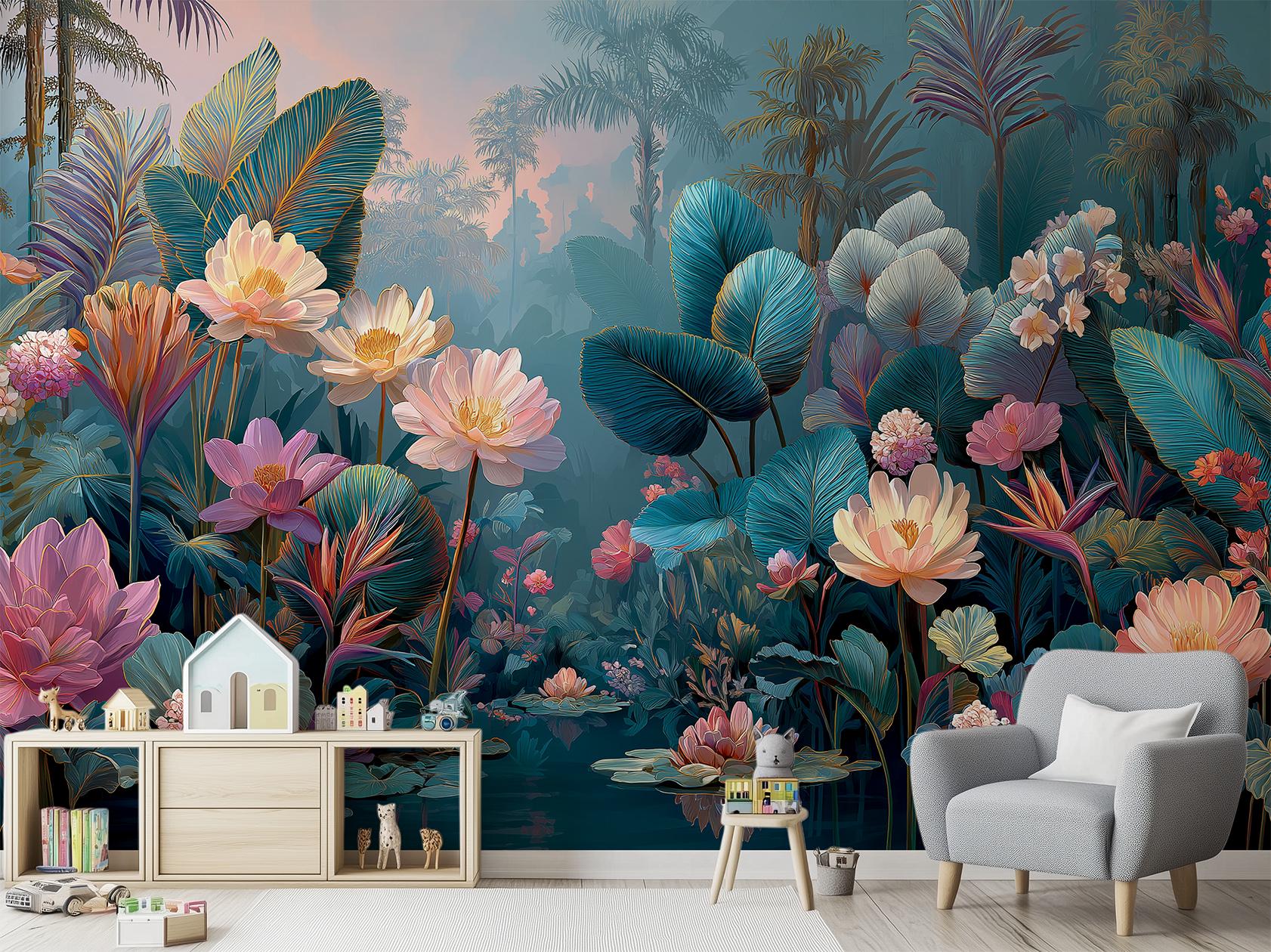 Tropical Lotus Oversized Jungle Floral Wallpaper – scale reference, Golden Era Walls
