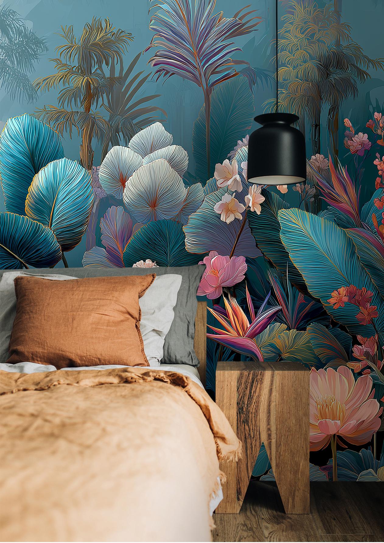 Tropical Lotus Oversized Jungle Floral Wallpaper – room setting, Golden Era Walls