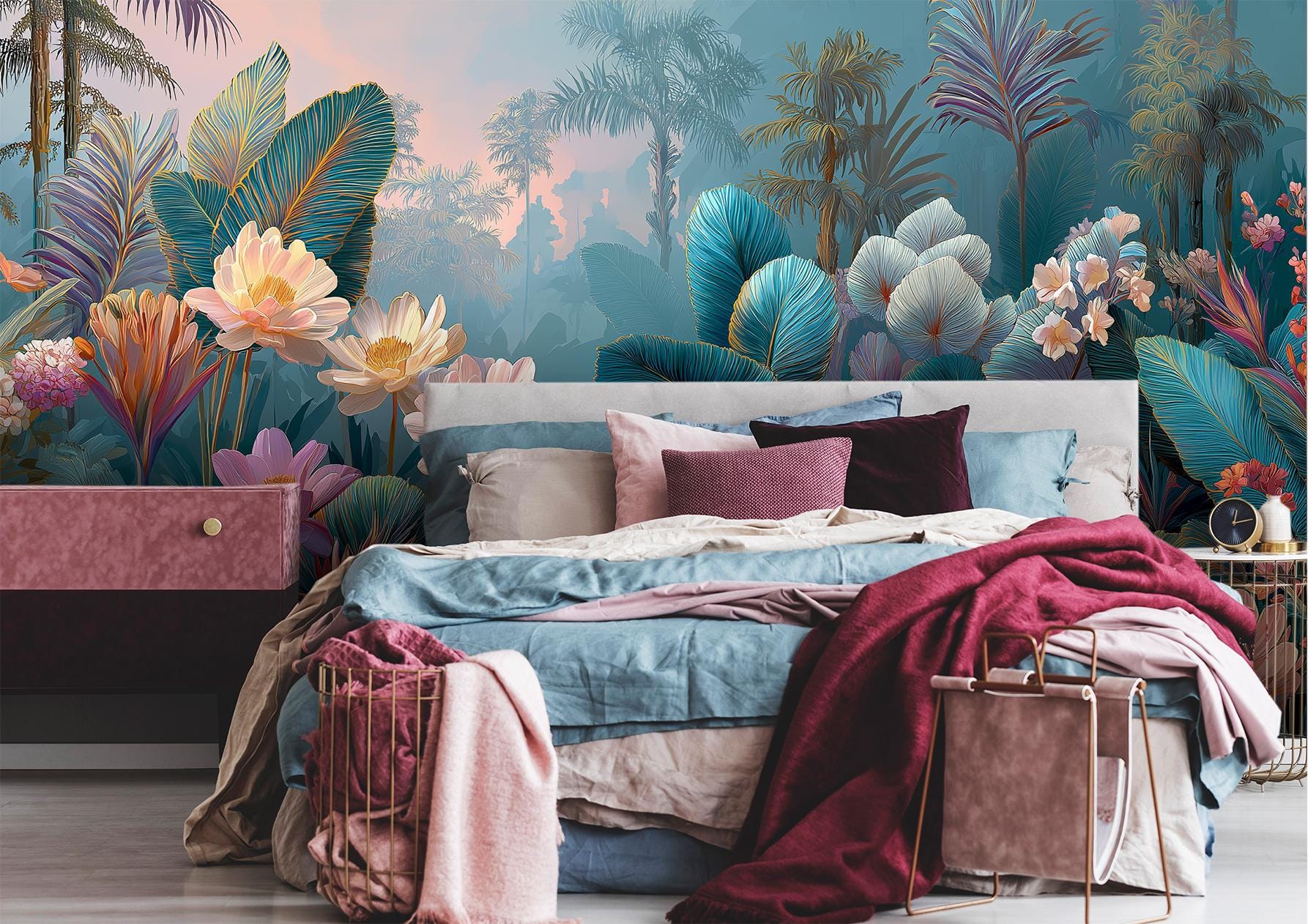 Tropical Lotus Oversized Jungle Floral Wallpaper – detail view, Golden Era Walls