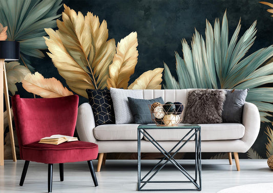 Tropical Leaf Luxurious Gold Floral Wallpaper – lifestyle view, Golden Era Walls