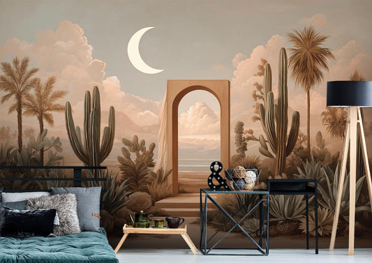 Surreal Desert Succulent Garden Floral Wallpaper – peel and stick wallpaper mural, Golden Era Walls