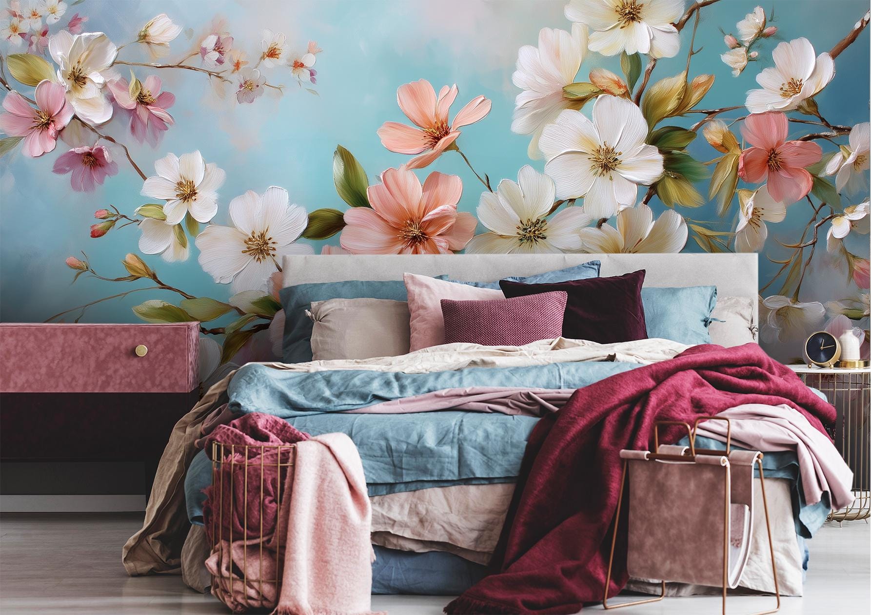 Spring Floral Pink White Floral Wallpaper – detail view, Golden Era Walls