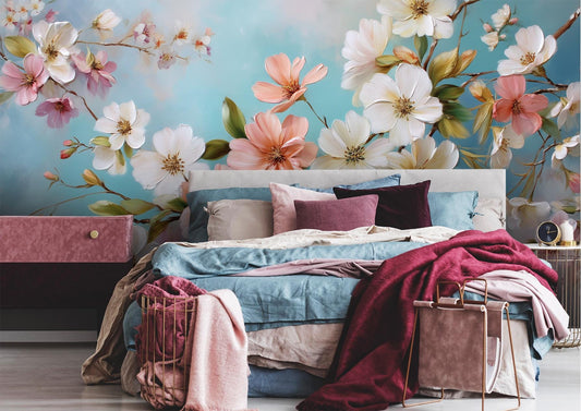Spring Floral Pink White Floral Wallpaper – detail view, Golden Era Walls