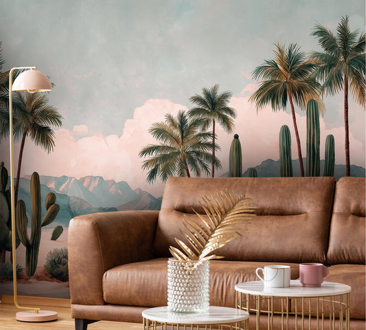 Soft Watercolor Desert Landscape Floral Wallpaper – lifestyle view, Golden Era Walls
