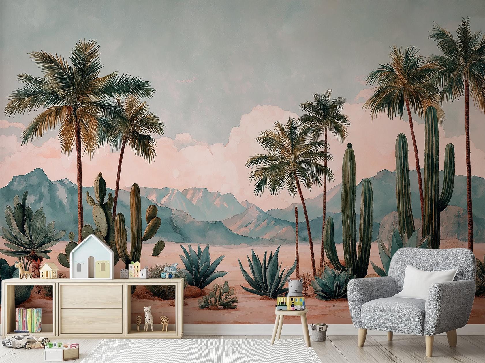 Soft Watercolor Desert Landscape Floral Wallpaper – scale reference, Golden Era Walls