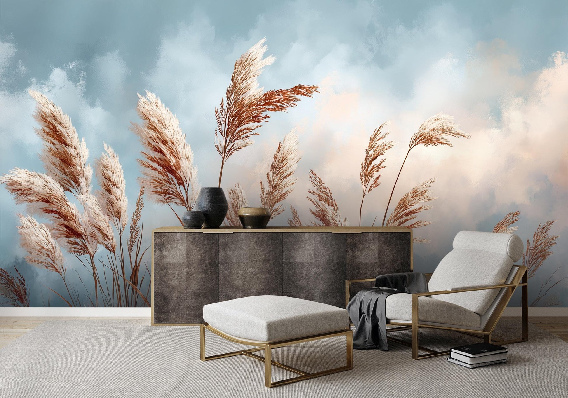 Serene Meadow Golden Pampas Floral Wallpaper – detail view, Golden Era Walls