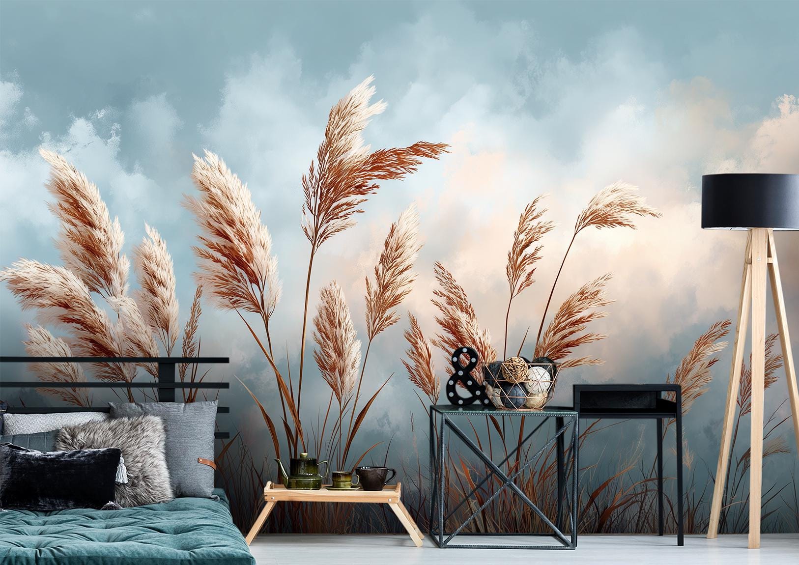 Serene Meadow Golden Pampas Floral Wallpaper – room setting, Golden Era Walls