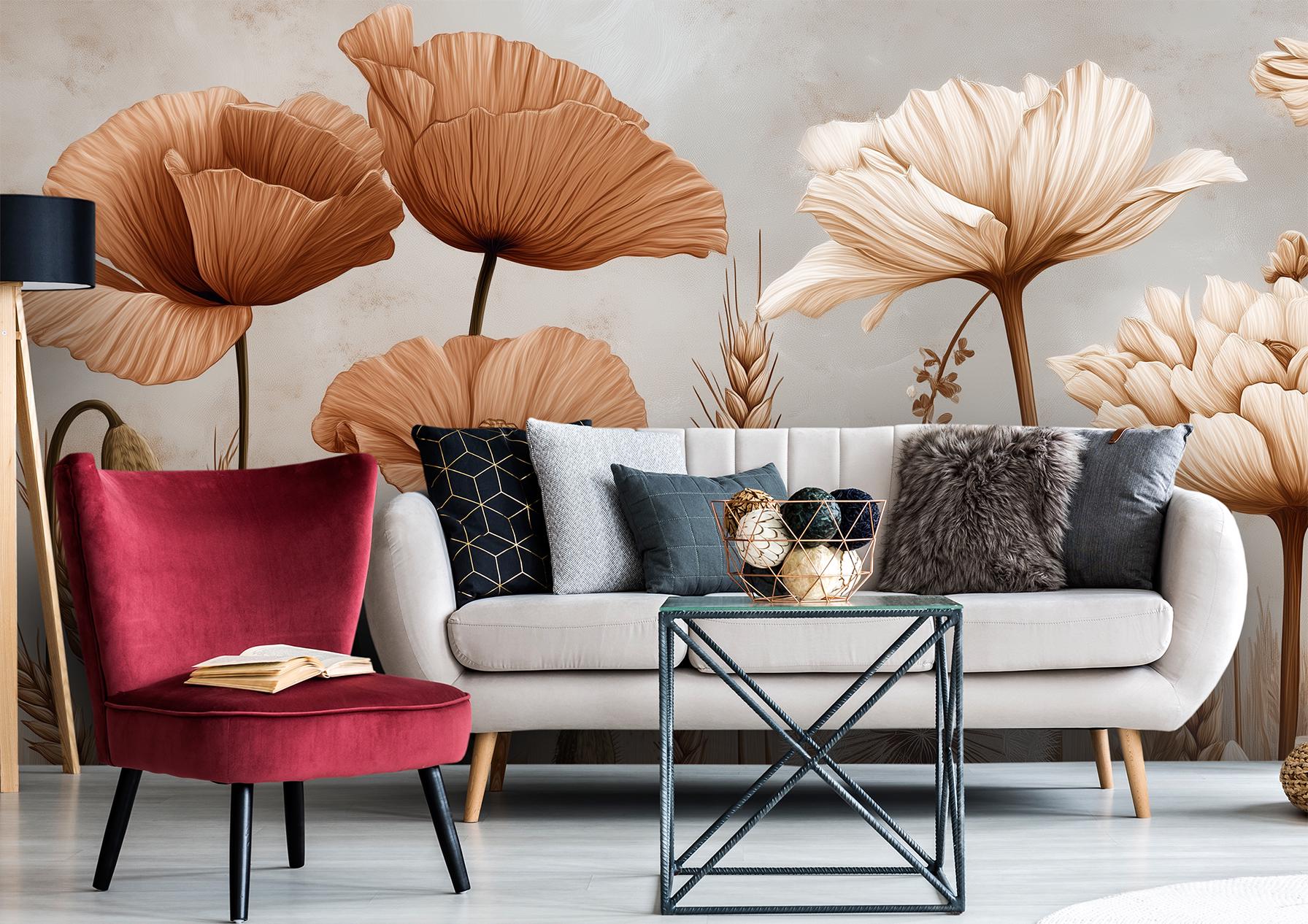 Sepia Meadow Vintage Poppies Floral Wallpaper – detail view, Golden Era Walls