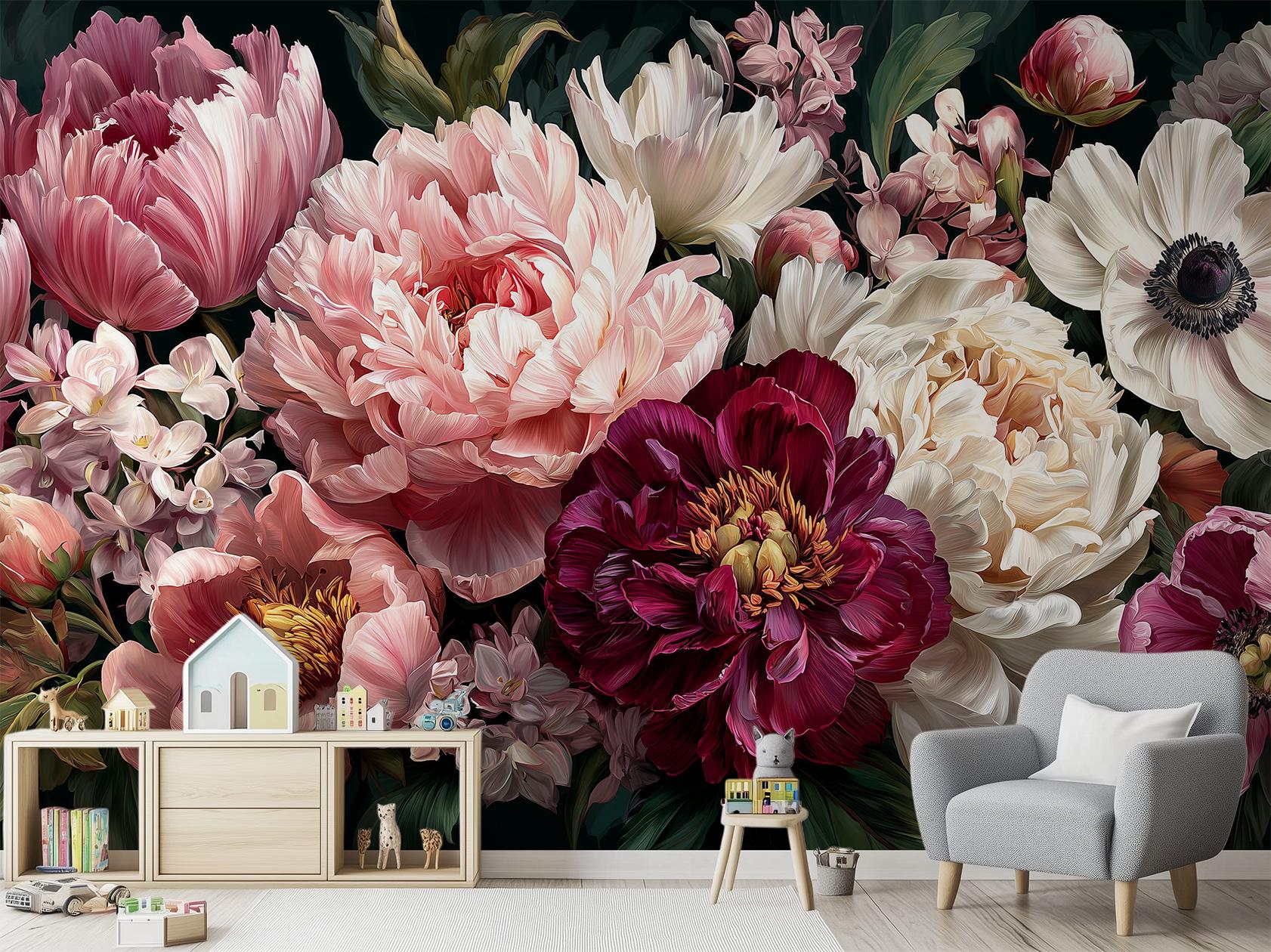 Romantic Peony Anemone Floral Floral Wallpaper – scale reference, Golden Era Walls