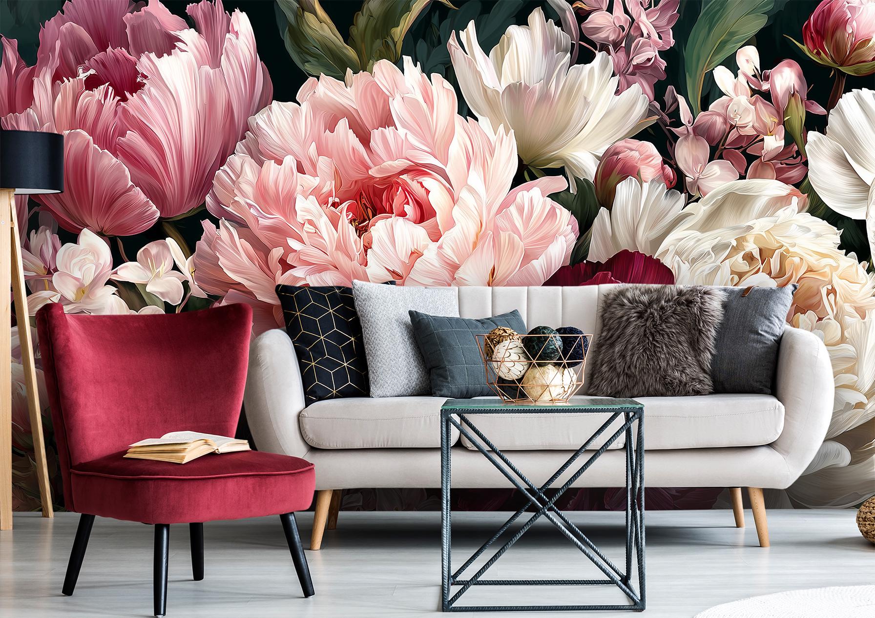 Romantic Peony Anemone Floral Floral Wallpaper – lifestyle view, Golden Era Walls