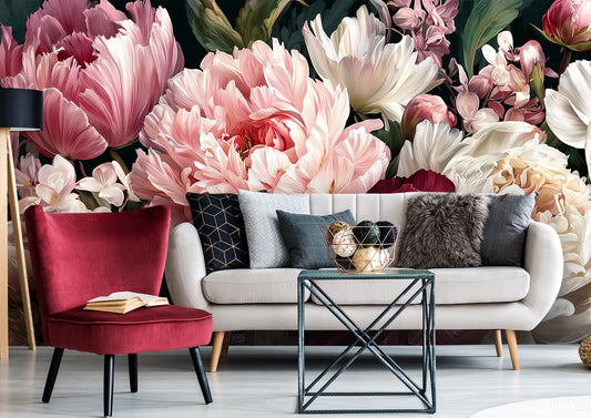 Romantic Peony Anemone Floral Floral Wallpaper – lifestyle view, Golden Era Walls