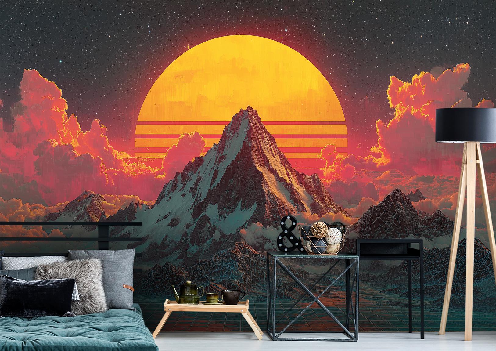 Retro Wave Neon Mountain Coastal Wallpaper – lifestyle view, Golden Era Walls