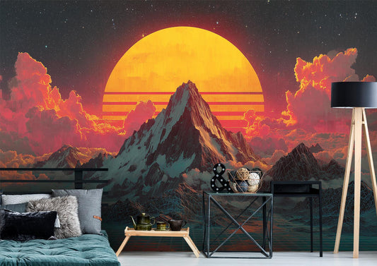Retro Wave Neon Mountain Coastal Wallpaper – lifestyle view, Golden Era Walls