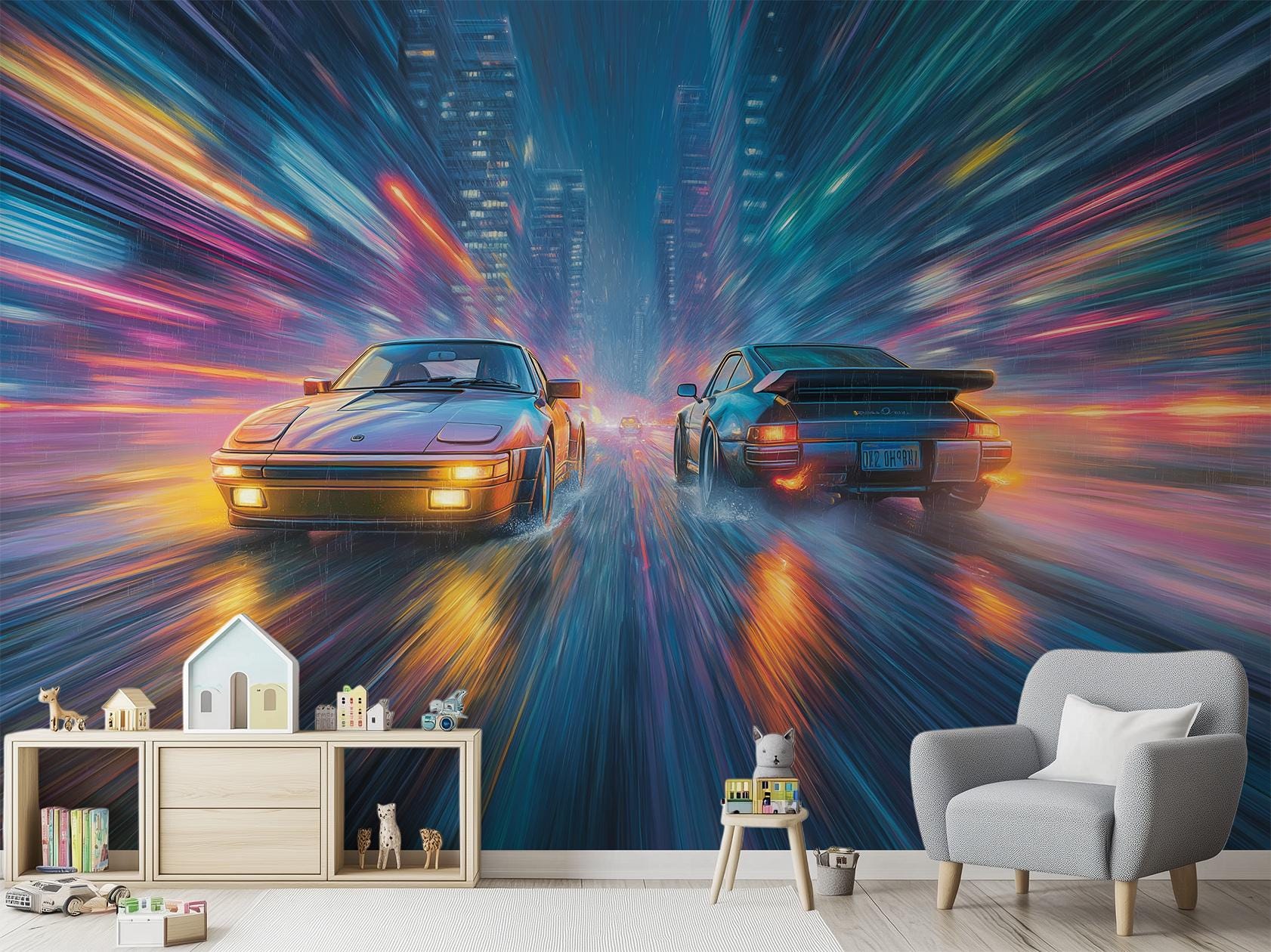 Race Car Renters Friendly Wallpaper – room setting, Golden Era Walls