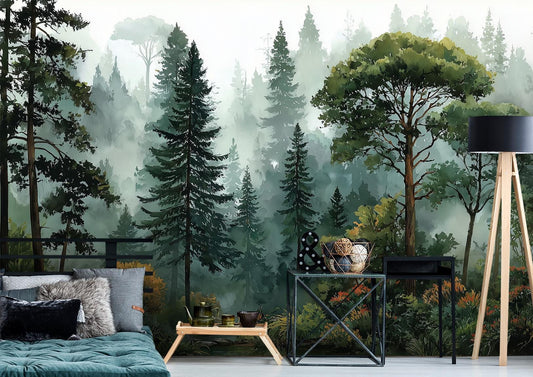 Oggy Pine Forest Watercolor Wallpaper – peel and stick wallpaper mural, Golden Era Walls