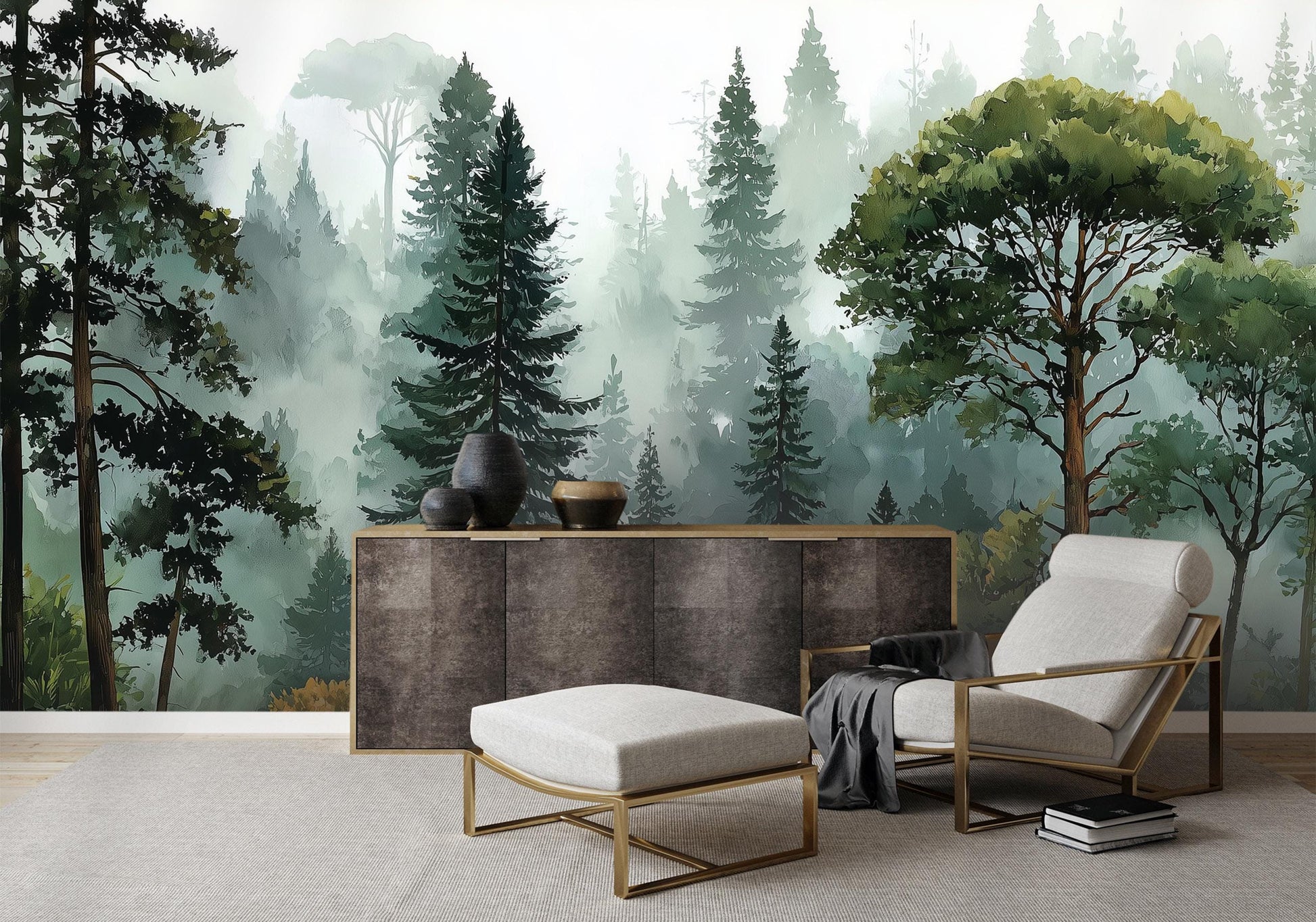 Oggy Pine Forest Watercolor Wallpaper – scale reference, Golden Era Walls
