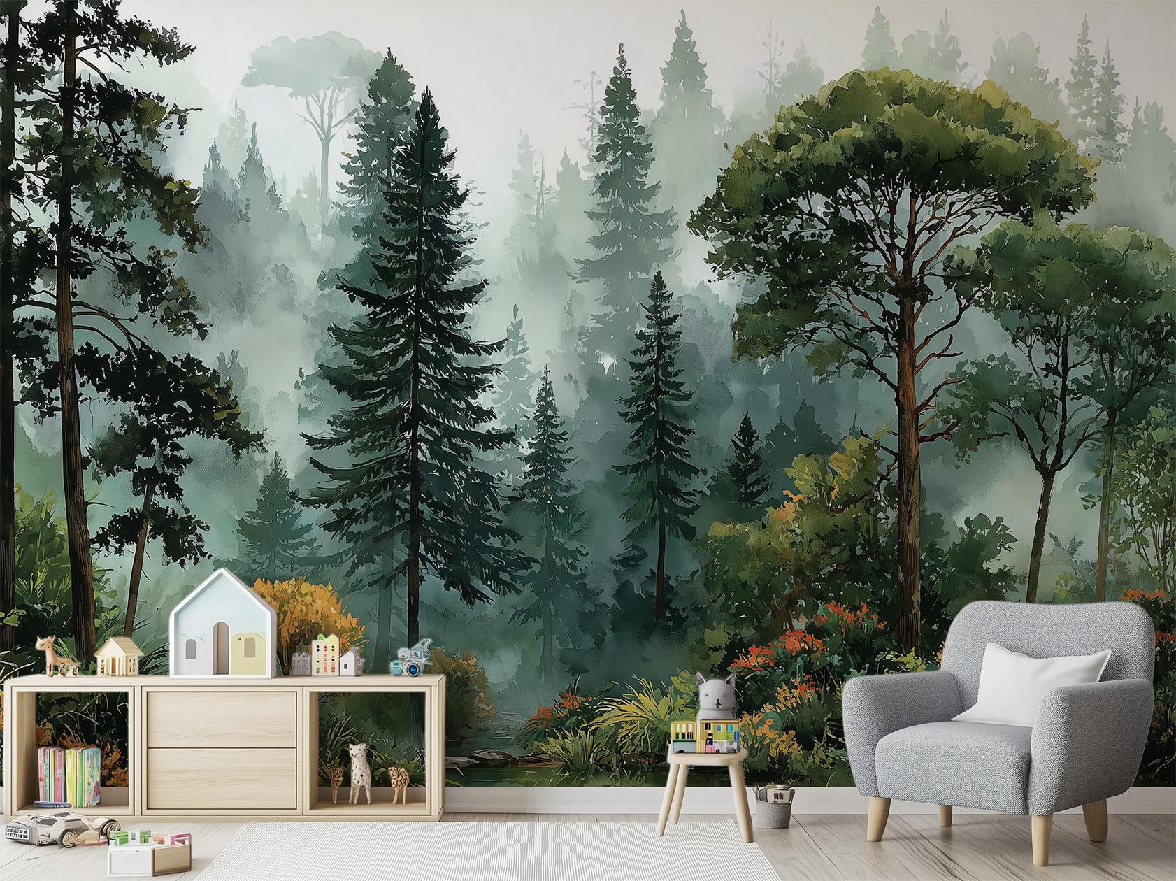 Oggy Pine Forest Watercolor Wallpaper – lifestyle view, Golden Era Walls