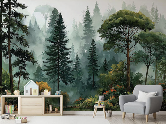 Oggy Pine Forest Watercolor Wallpaper – lifestyle view, Golden Era Walls