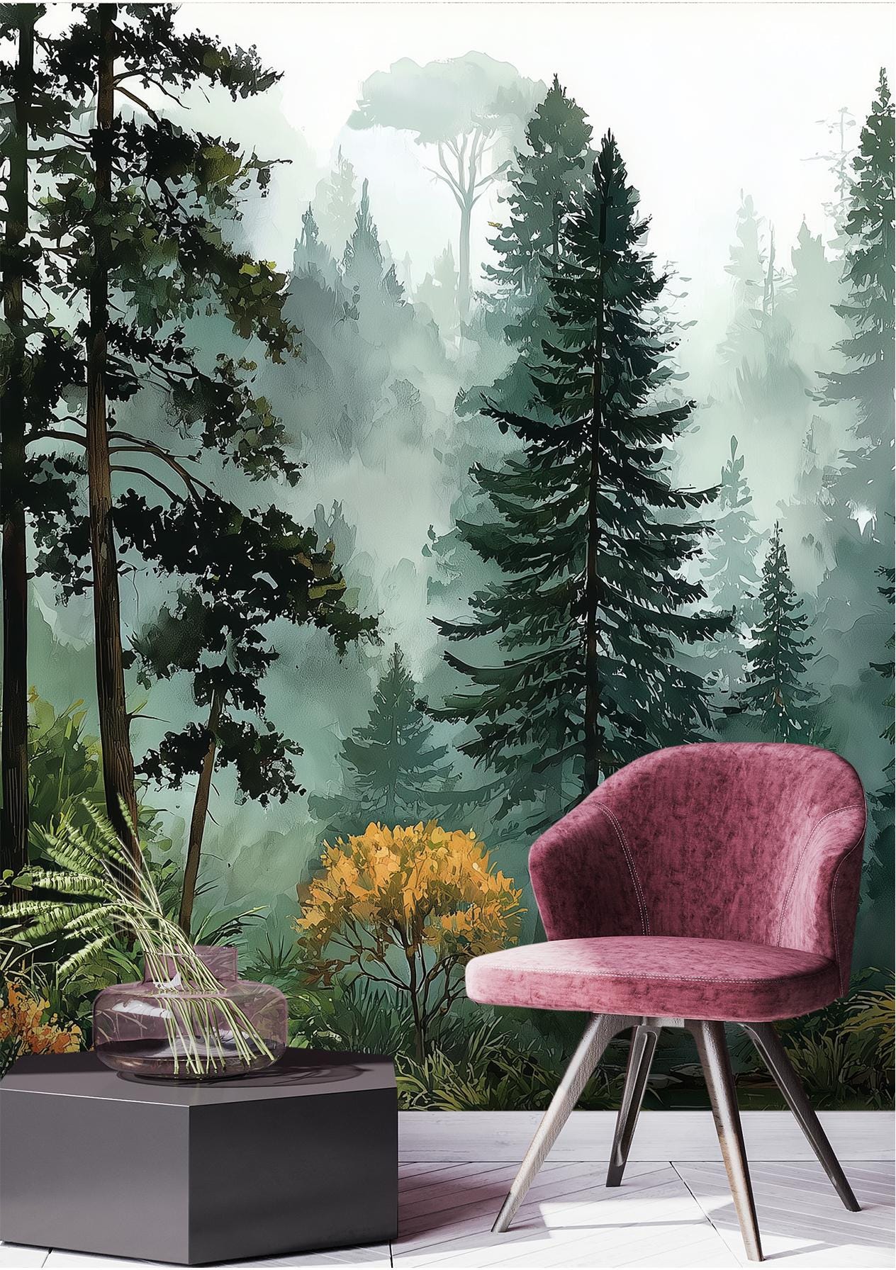 Oggy Pine Forest Watercolor Wallpaper – room setting, Golden Era Walls