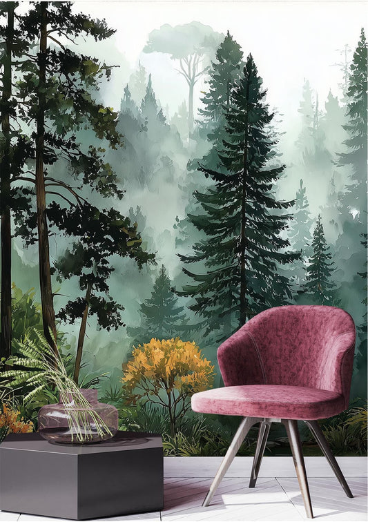 Oggy Pine Forest Watercolor Wallpaper – room setting, Golden Era Walls