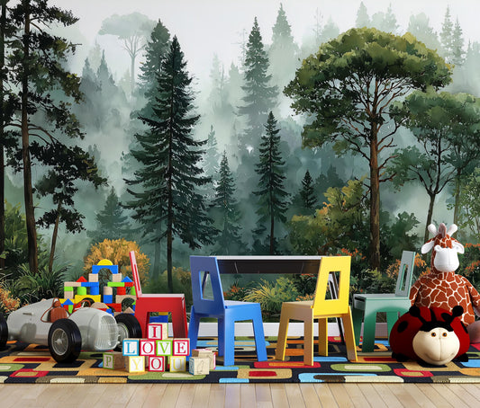 Oggy Pine Forest Watercolor Wallpaper – detail view, Golden Era Walls