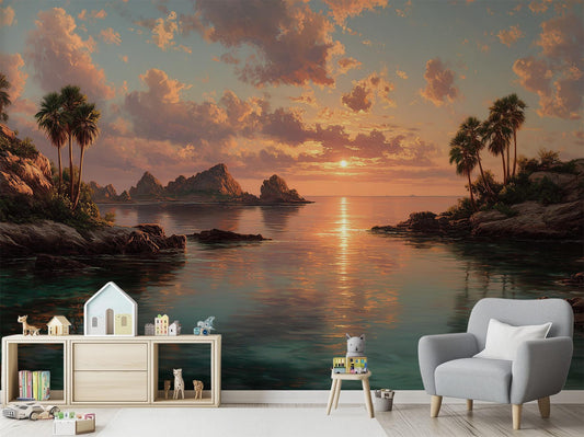 Ocean Sunset Tropical Beach Tropical Wallpaper – room setting, Golden Era Walls