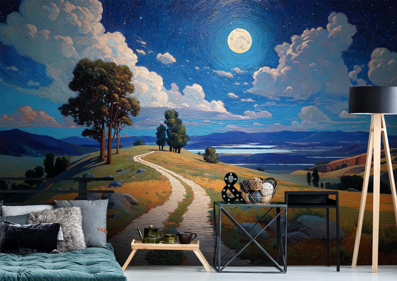 Night Sky Landscape Full Wallpaper – room setting, Golden Era Walls