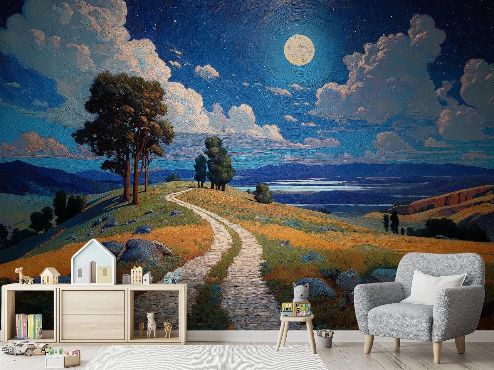 Night Sky Landscape Full Wallpaper – peel and stick wallpaper mural, Golden Era Walls