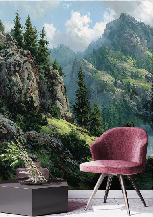 Mountain Waterfall Scenic Nature Coastal Wallpaper – room setting, Golden Era Walls