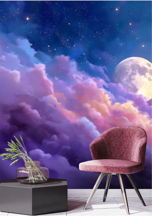 Moonlit Sky Pastel Clouds Wallpaper – peel and stick wallpaper mural, Golden Era Walls
