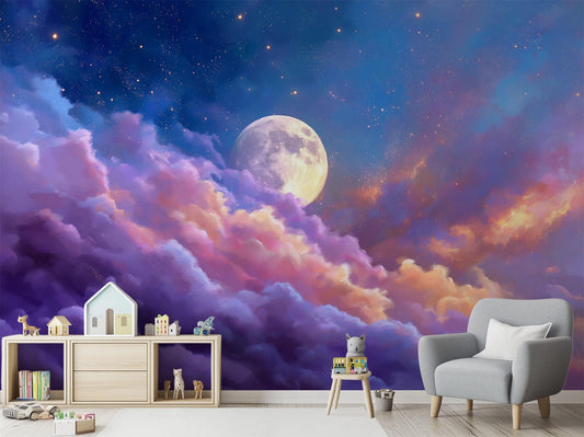 Moonlit Sky Pastel Clouds Wallpaper – room setting, Golden Era Walls
