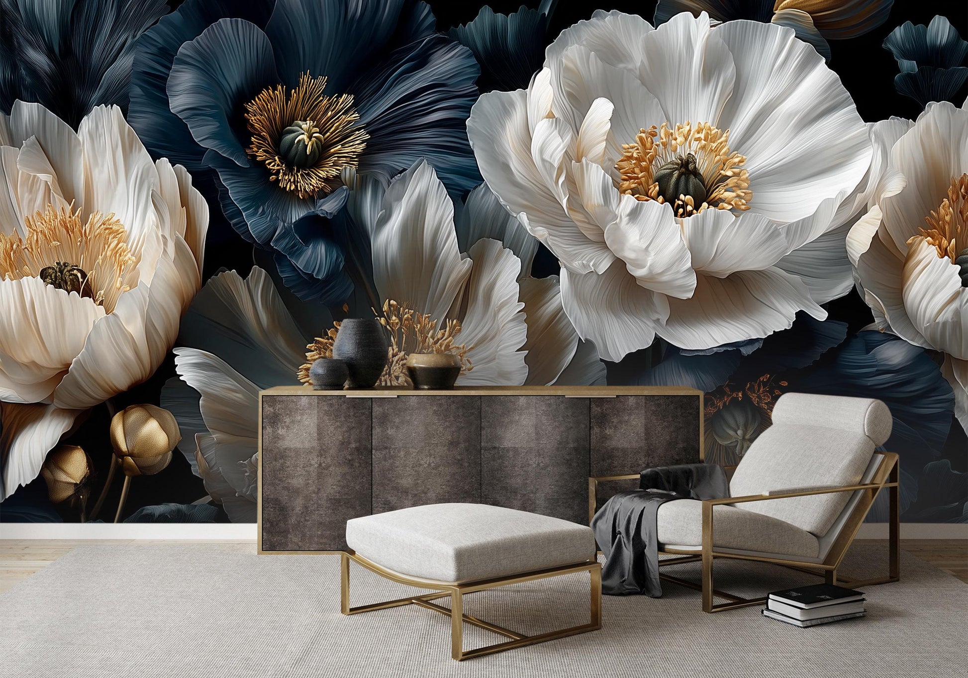 Moody Dark Floral Black Floral Wallpaper – scale reference, Golden Era Walls