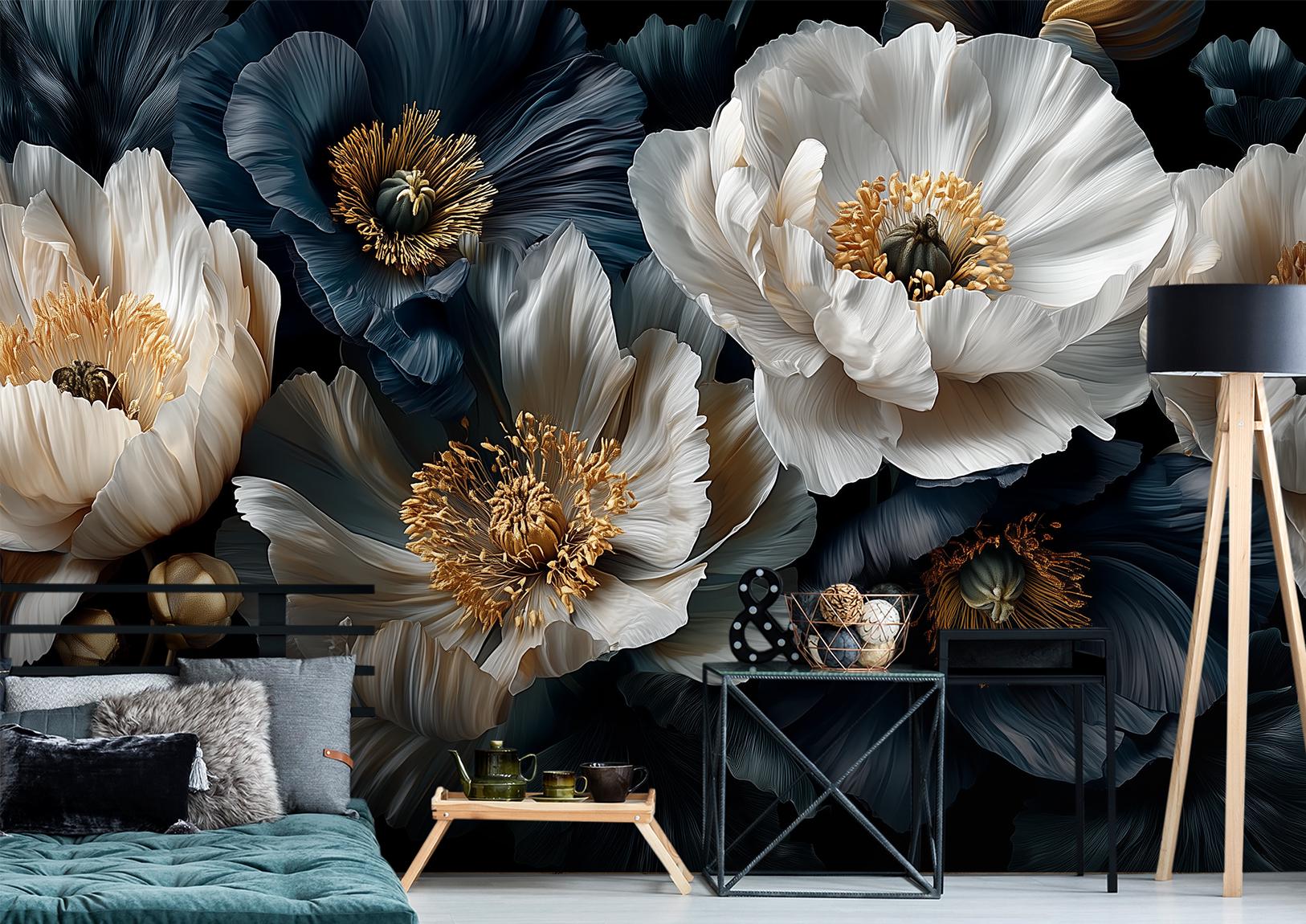 Moody Dark Floral Black Floral Wallpaper – peel and stick wallpaper mural, Golden Era Walls