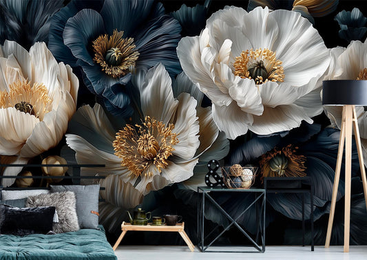 Moody Dark Floral Black Floral Wallpaper – peel and stick wallpaper mural, Golden Era Walls