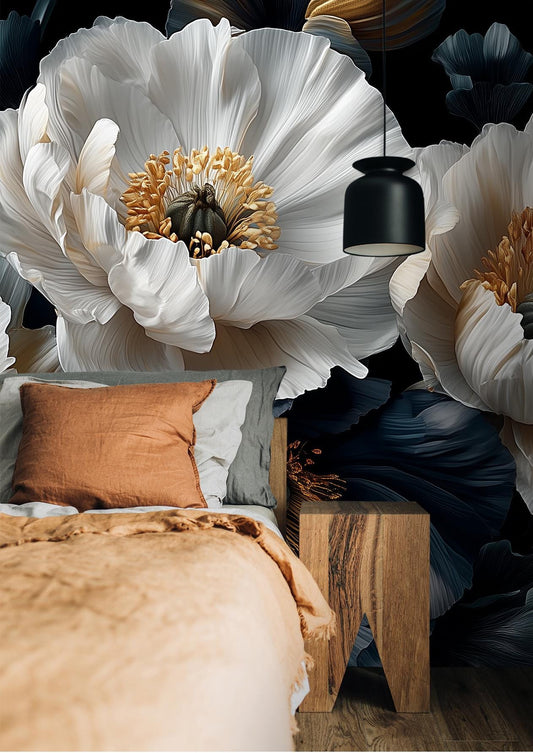 Moody Dark Floral Black Floral Wallpaper – lifestyle view, Golden Era Walls