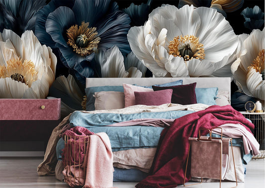 Moody Dark Floral Black Floral Wallpaper – room setting, Golden Era Walls