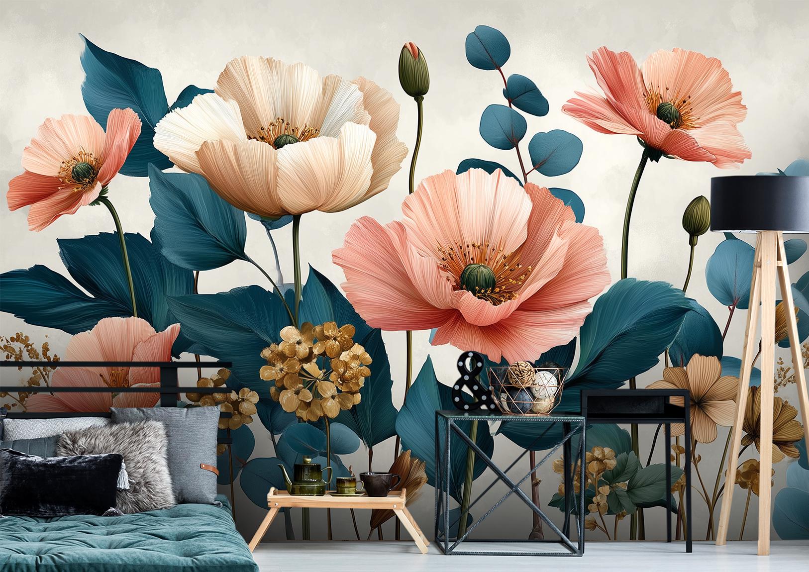 Modern Poppy Eucalyptus Renter Floral Wallpaper – peel and stick wallpaper mural, Golden Era Walls