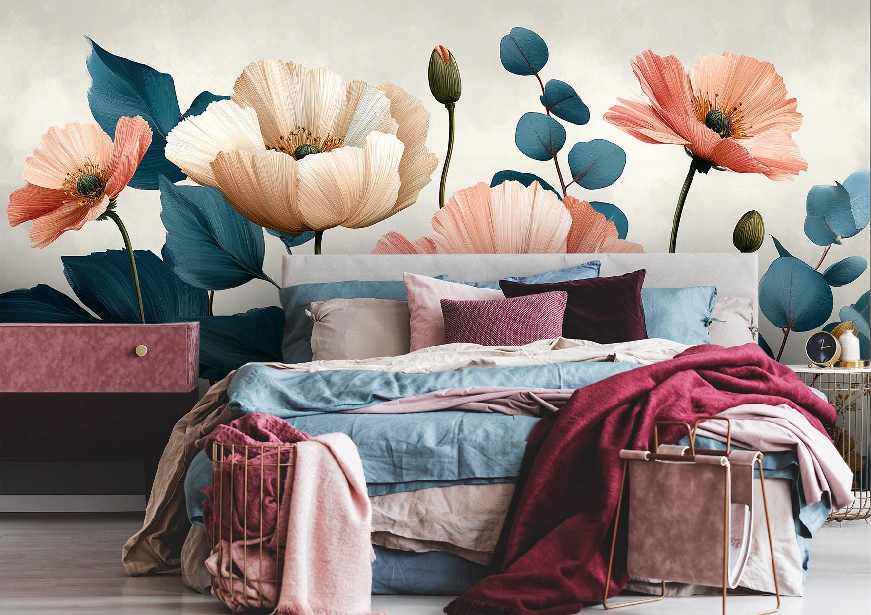 Modern Poppy Eucalyptus Renter Floral Wallpaper – scale reference, Golden Era Walls
