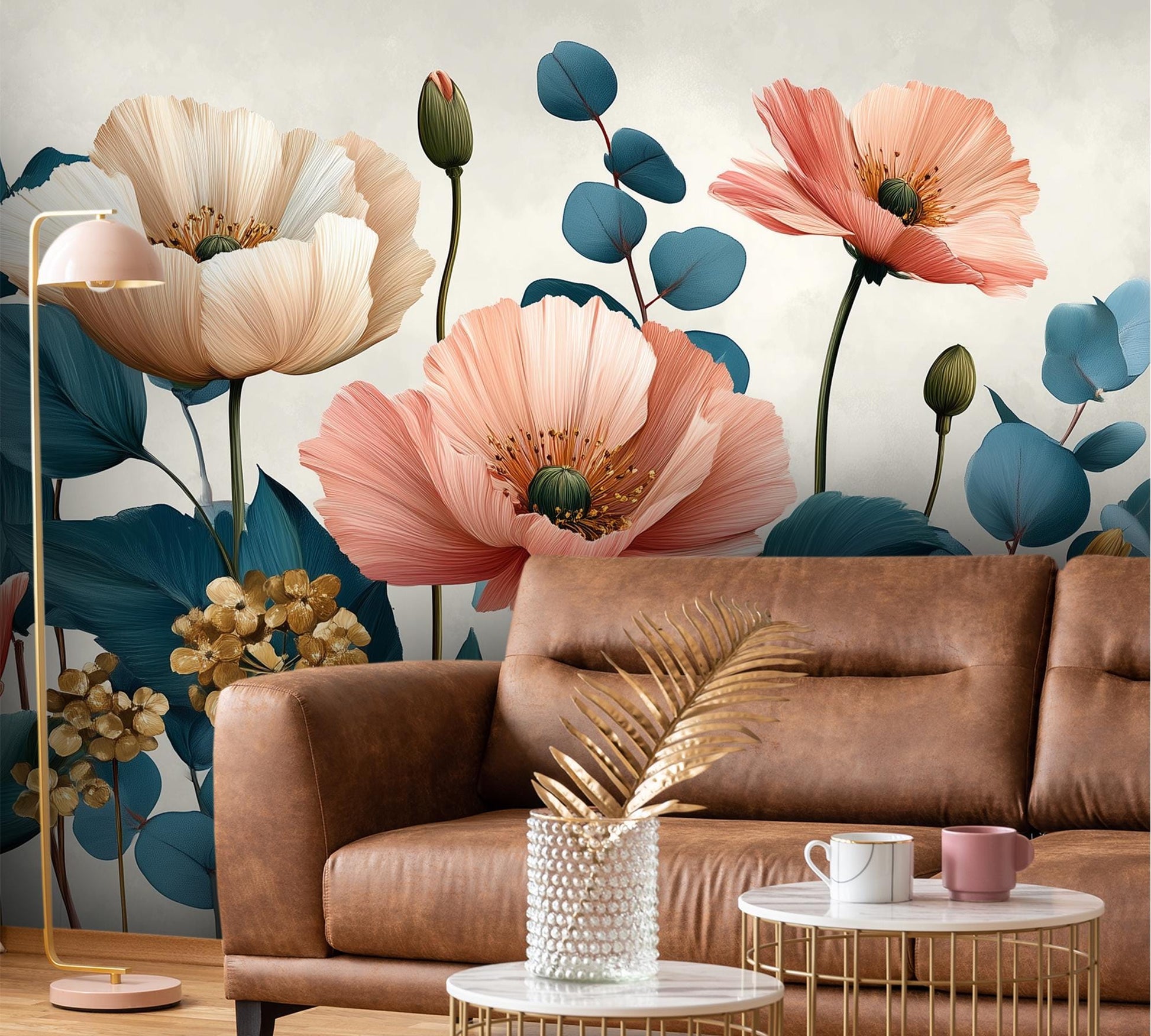 Modern Poppy Eucalyptus Renter Floral Wallpaper – room setting, Golden Era Walls