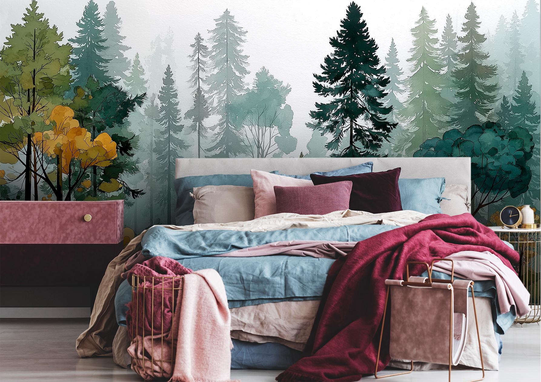 Misty Woodland Pine Tree Wallpaper – detail view, Golden Era Walls