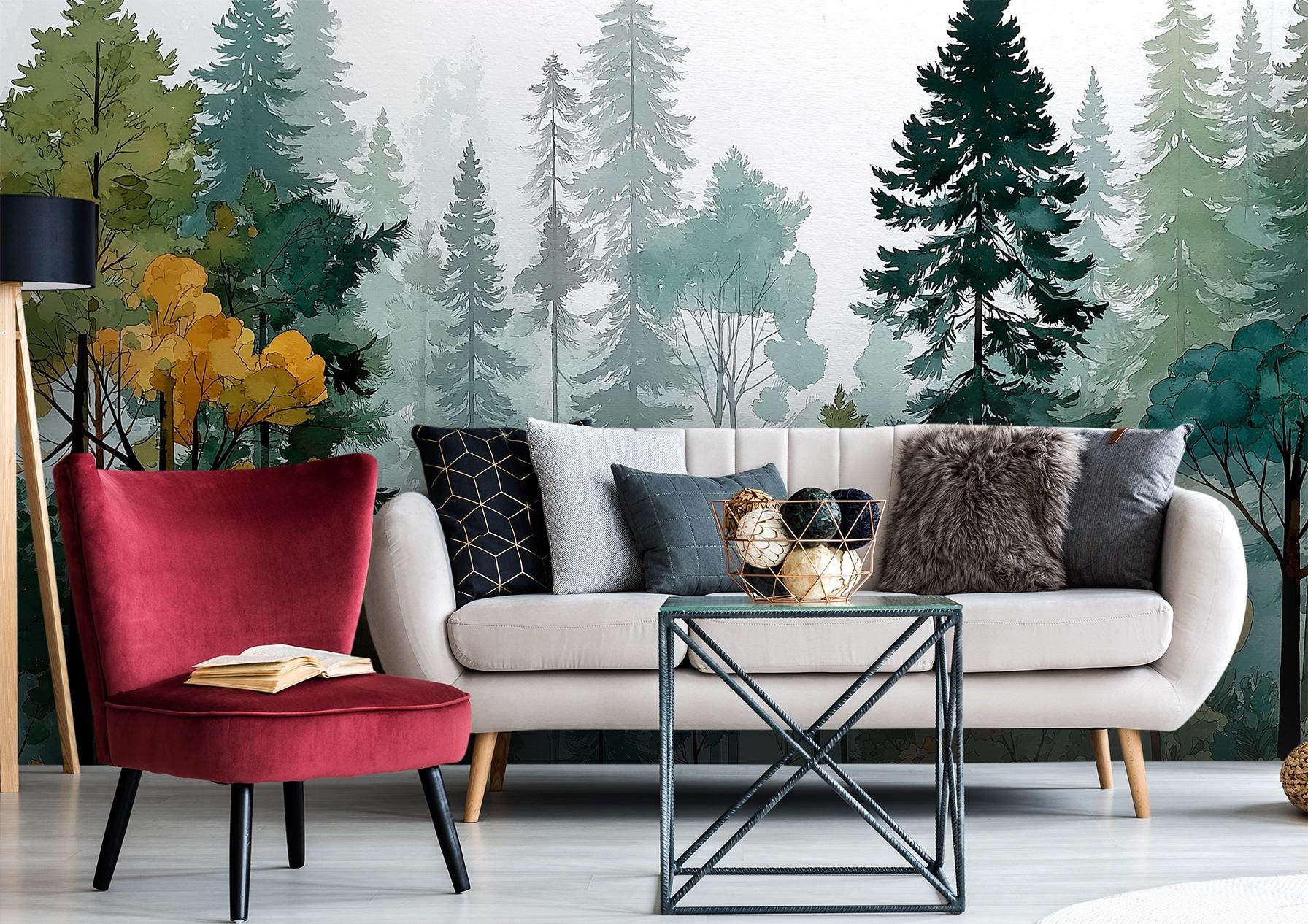 Misty Woodland Pine Tree Wallpaper – scale reference, Golden Era Walls