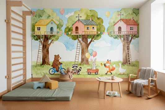 Woodland Animals Treehouse Watercolor Wallpaper – room setting, Golden Era Walls
